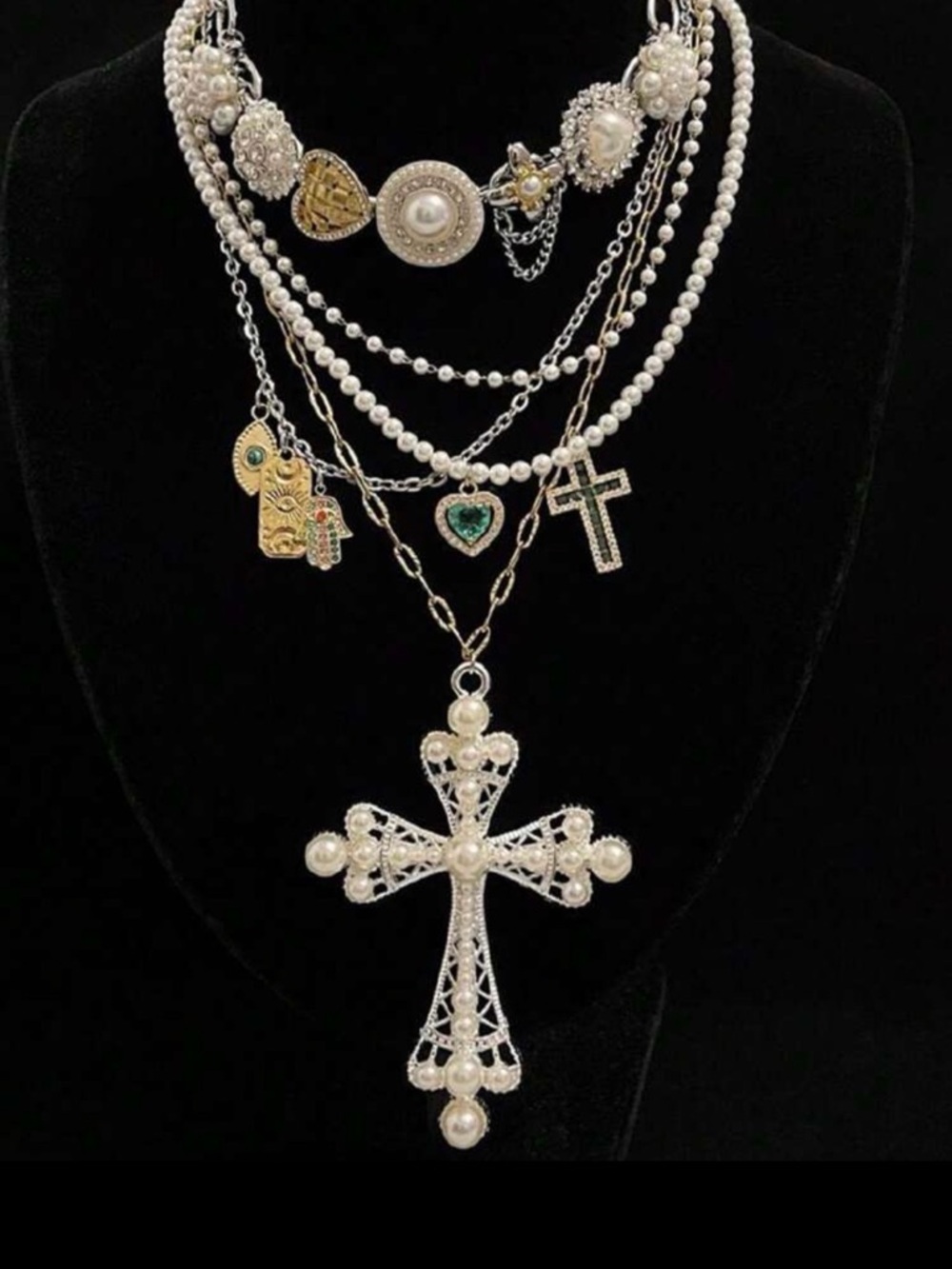 Layered Pearl & Silver Cross Necklace - White/Silver